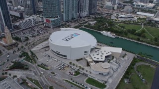 AX0172_081 - 6.7K aerial stock footage approach and orbit the bayside arena, Downtown Miami, Florida