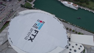 AX0172_082 - 6.7K stock footage aerial video a bird's eye view of the bayside arena, Downtown Miami, Florida
