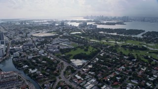 AX0172_141 - 6.7K aerial stock footage of a wide view of South Beach, Florida with the Miami skyline in the distance