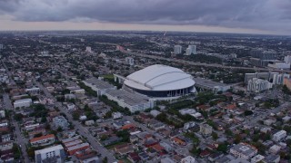 AX0172_179 - 6.7K aerial stock footage approach the stadium in Little Havana at sunset, Miami, Florida