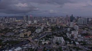 AX0172_201 - 6.7K aerial stock footage wide view of Downtown Miami skyline at twilight, Florida