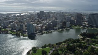 AX0173_0015 - 6K aerial stock footage fly over Lake Merritt and downtown, Oakland, California