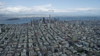 AX0173_0065 - 6K aerial stock footage fly toward Downtown San Francisco skyline from Pacific Heights, California