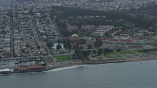 AX0173_0090 - 6K aerial stock footage of the Palace of Fine Arts seen from San Francisco Bay, California