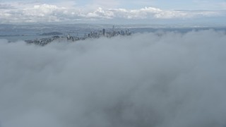 AX0173_0093 - 6K stock footage aerial video fly above fog with a view of the San Francisco skyline, California