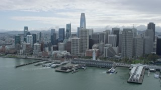AX0173_0109 - 6K aerial stock footage of Downtown San Francisco skyscrapers and the Ferry Building, California