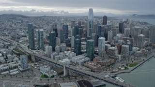 AX0173_0111 - 6K stock footage aerial video of flying past Downtown San Francisco skyscrapers, California