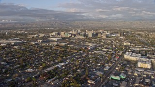 AX0174_0035 - 6K aerial stock footage of a stationary view of Downtown San Jose at sunset, California