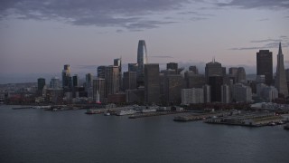 AX0174_0097 - 6K aerial stock footage of the Downtown San Francisco skyline at twilight, California
