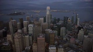 AX0174_0107 - 6K stock footage aerial video flyby Downtown San Francisco skyscrapers at twilight, California