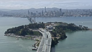 AX0175_0106 - 6K aerial stock footage of Downtown San Francisco skyline seen from Yerba Buena Island, California