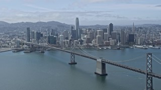 AX0175_0109 - 6K stock footage aerial video of approaching Downtown San Francisco skyline seen from near the Bay Bridge, California