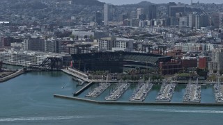 AX0175_0124 - 6K aerial stock footage reverse view of the waterfront baseball stadium, San Francisco, California