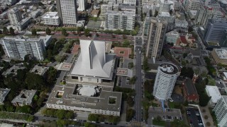 AX0175_0159 - 6K aerial stock footage of approaching a cathedral in Western Addition, San Francisco, California