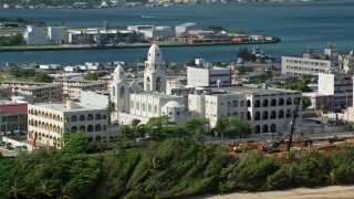 AX101_008 - 4.8K aerial stock footage of a Cathedral on Caribbean Island, San Juan Puerto Rico