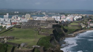 AX101_009 - 4.8K aerial stock footage of a Historic Fort on a Caribbean Island, San Juan Puerto Rico
