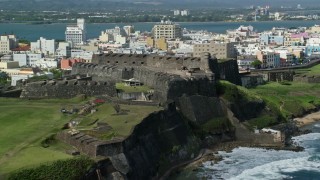 AX101_009E - 4.8K aerial stock footage of a Historic Fort on a Caribbean Island, San Juan Puerto Rico