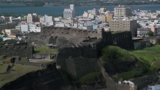 AX101_010 - 4.8K aerial stock footage of Landmark Fort on a Caribbean Island, San Juan Puerto Rico