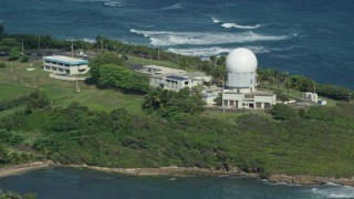 AX101_027E - 4.8K aerial stock footage of Punta Salinas Radar Site in the blue waters of the Caribbean, Toa Baja Puerto Rico