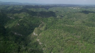 AX101_049 - 4.8K aerial stock footage Flying over tree covered mountains and jungle, Karst Forest, Puerto Rico