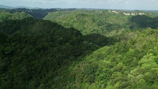 AX101_052E - 4.8K aerial stock footage Flying over mountains and jungle, Karst Forest, Puerto Rico