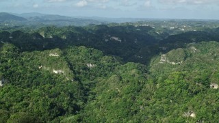 AX101_063 - 4.8K aerial stock footage Flying over the tops of thick jungle, Karst Forest, Puerto Rico 