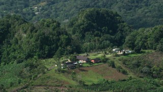 AX101_070 - 4.8K aerial stock footage of a Farmhouse nestled in at lush green forest, Karst Forest, Puerto Rico