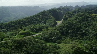 AX101_076E - 4.8K aerial stock footage of a Highway cutting through lush green forests, Karst Forest, Puerto Rico