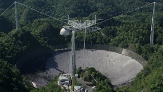 AX101_092E - 4.8K aerial stock footage of the Arecibo Observatory nestled in the lush green forest, Puerto Rico