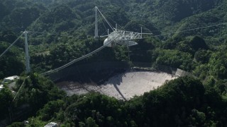AX101_105E - 4.8K aerial stock footage Orbiting Arecibo Observatory among the trees, Puerto Rico