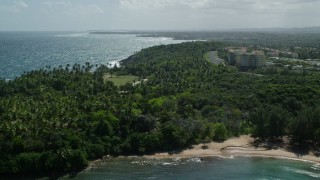 AX101_209E - 4.8K aerial stock footage flying over blue waters and tree-covered coast, Vega Alta, Puerto Rico