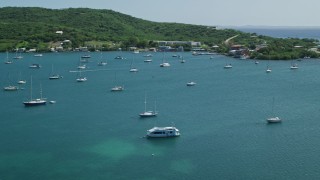 AX102_167 - 4.8K aerial stock footage of Sailboats in blue waters along the coast, Culebra, Puerto Rico