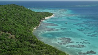AX102_185 - 4.8K aerial stock footage of turquoise waters and reefs along a tree filled coast, Culebrita, Puerto Rico