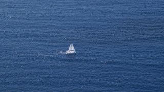 AX102_193 - 4.8K aerial stock footage of a Catamaran on sapphire blue waters, Atlantic Ocean