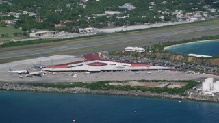 AX102_196 - 4.8K stock footage aerial video of the Main terminal at Cyril E King Airport, St. Thomas 
