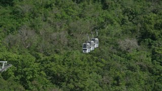 AX102_211 - 4.8K aerial stock footage of Gondolas above trees and hillside homes, Charlotte Amalie, St. Thomas 
