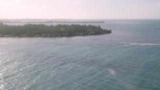 AX103_126 - 4.8K aerial stock footage of Oceanfront Caribbean homes and trees on an island, Rio Grande, Puerto Rico