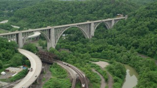 AX105_060 - 4.8K aerial stock footage of George Westinghouse Bridge, East East Pittsburgh, Pennsylvania