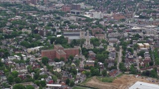 AX105_103 - 4.8K aerial stock footage orbiting Episcopal Church, Pittsburgh, Pennsylvania