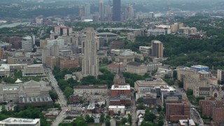 AX105_105 - 4.8K aerial stock footage of Cathedral of Learning, University of Pittsburgh, Pennsylvania