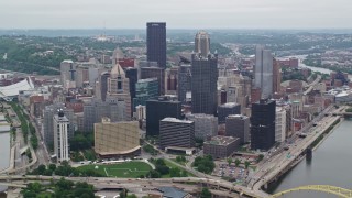 AX105_122 - 4.8K stock footage aerial video of skyscrapers and high-rises, Downtown Pittsburgh, Pennsylvania
