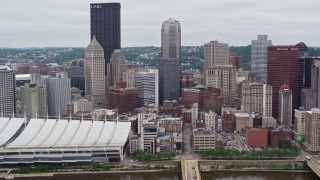 AX105_125E - 4.8K aerial stock footage of skyscrapers and high-rises, Downtown Pittsburgh, Pennsylvania