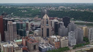 AX105_127E - 4.8K aerial stock footage approaching Downtown Skyscrapers, Downtown Pittsburgh, Pennsylvania