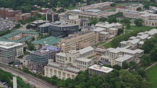 AX105_174E - 4.8K aerial stock footage of Carnegie Mellon University, Pittsburgh, Pennsylvania