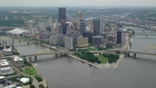 AX105_196 - 4.8K aerial stock footage approaching Downtown Pittsburgh, Pennsylvania