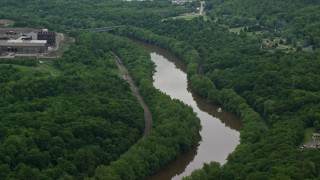 AX106_046E - 4.8K aerial stock footage of Beaver River in Koppel, Pennsylvania