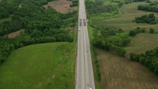 AX106_053E - 4.8K aerial stock footage flying over Interstate 76 with Light Traffic in New Galilee, Pennsylvania