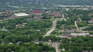 AX106_094 - 4.8K aerial stock footage of campus buildings and stadium, Youngstown State University, Ohio