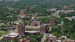 AX106_194 - 4.8K stock footage aerial video orbiting campus of Case Western Reserve University, Cleveland, Ohio