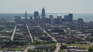 AX106_195E - 4.8K aerial stock footage of skyscrapers in Downtown Cleveland, Ohio